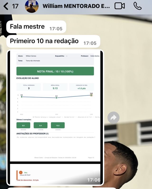 Print de WhatsApp: aluno relata evolução na redação