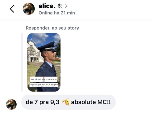 Print de WhatsApp: aluno relata evolução na redação