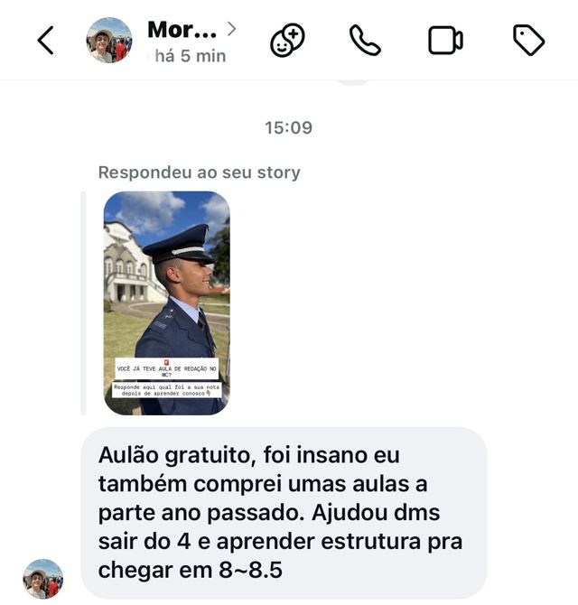 Print de WhatsApp: aluno relata evolução na redação