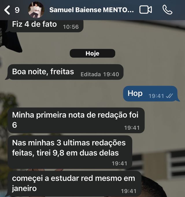 Print de WhatsApp: aluno relata evolução na redação