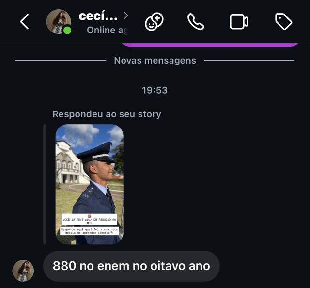 Print de WhatsApp: aluno relata evolução na redação