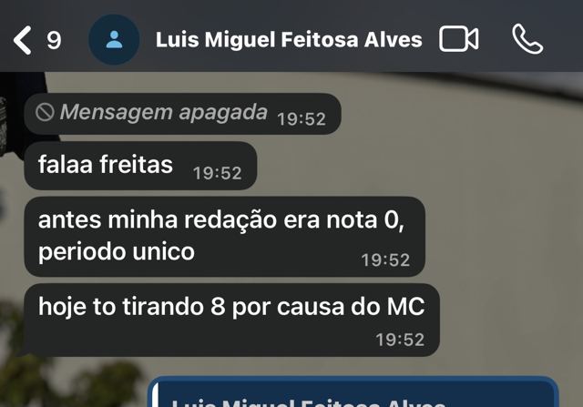 Print de WhatsApp: aluno relata evolução na redação