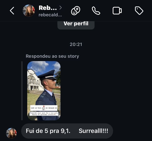 Print de WhatsApp: aluno relata evolução na redação