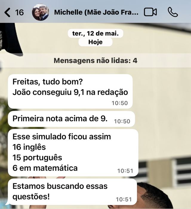 Print de WhatsApp: aluno relata evolução na redação