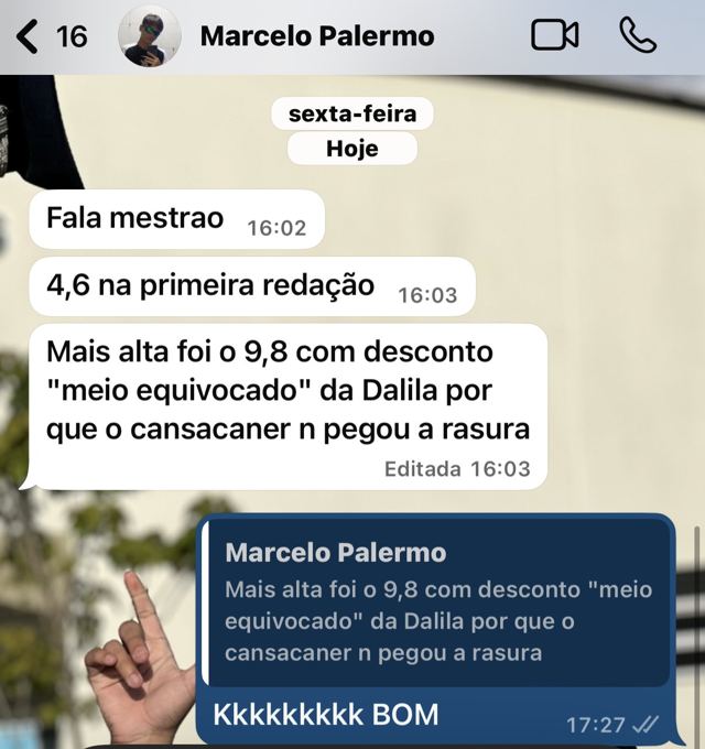 Print de WhatsApp: aluno relata evolução na redação
